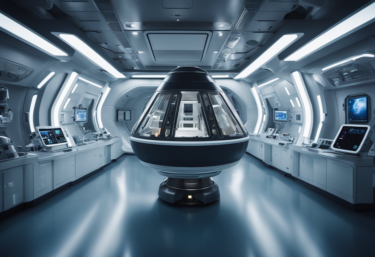 A space capsule floats in the void of space, surrounded by futuristic medical equipment and technology. A team of scientists and doctors work together to develop innovative solutions for health challenges in space missions