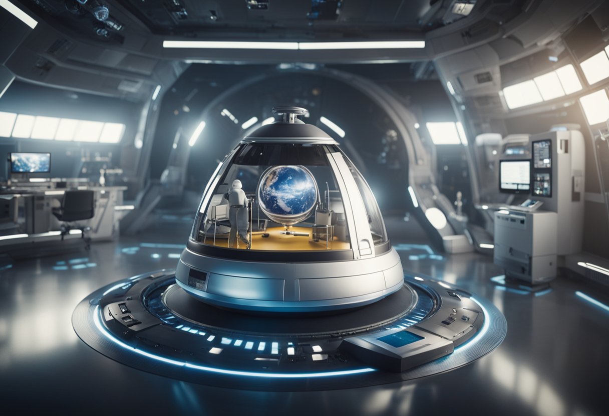 A space capsule floats above Earth, surrounded by medical equipment and futuristic technology. Scientists and astronauts collaborate on groundbreaking healthcare innovations