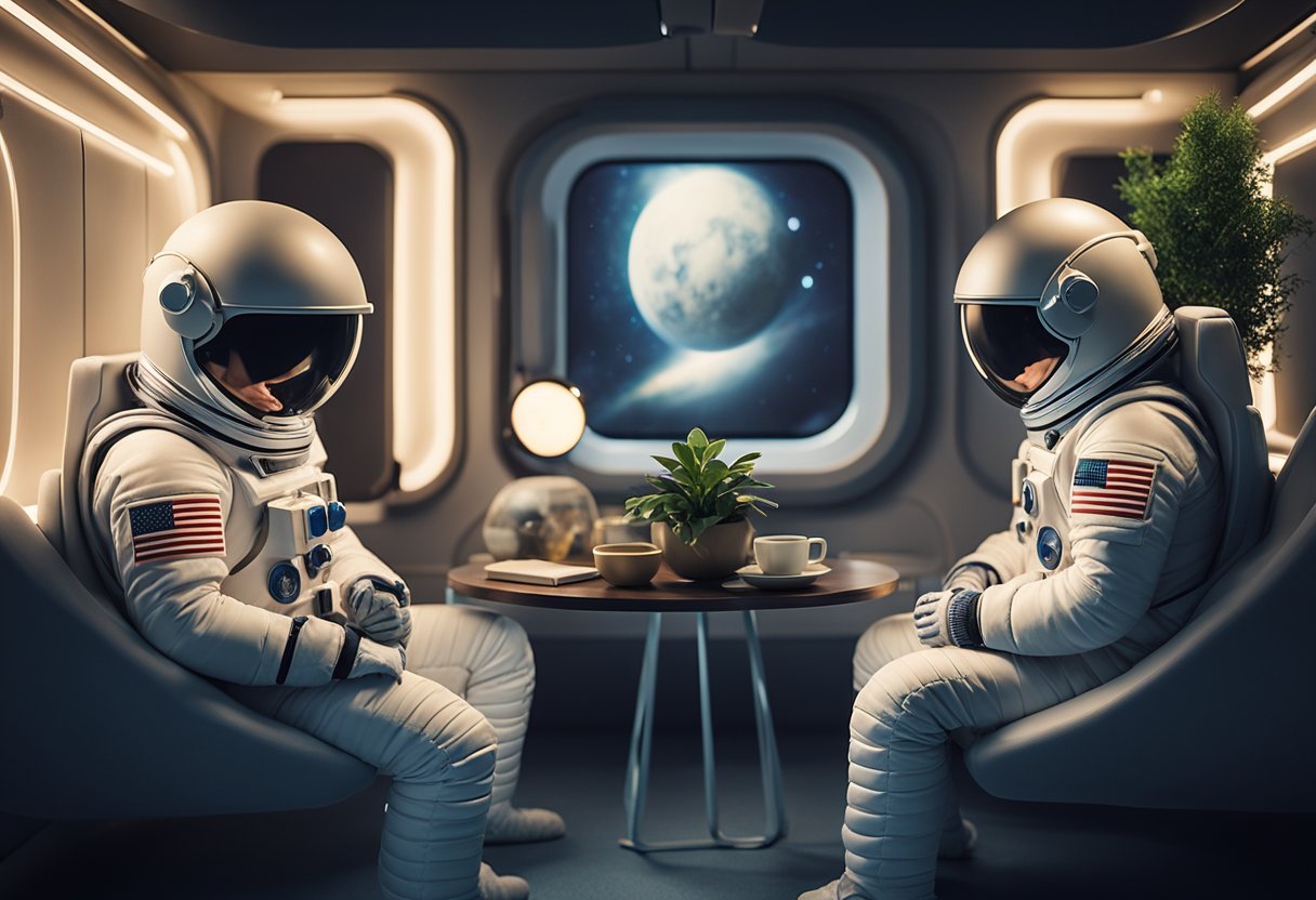 Astronauts receive counseling in a cozy, soundproofed room with soft lighting and comfortable seating. A table holds books, plants, and calming objects
