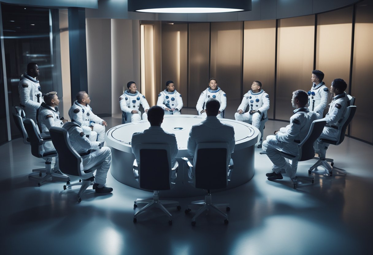 A group of astronauts gather in a circular room, discussing and receiving psychological support from a team of professionals