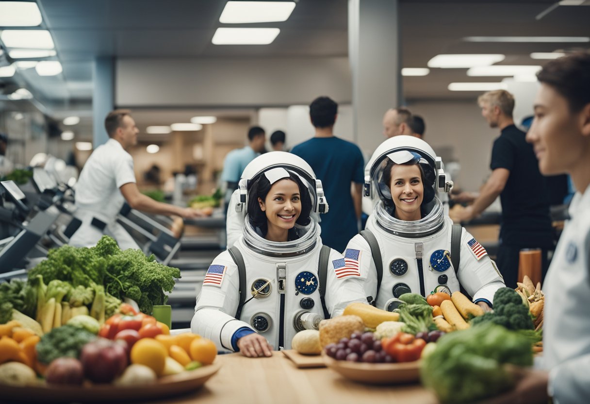 Astronauts surrounded by healthy food, exercise equipment, and supportive counselors