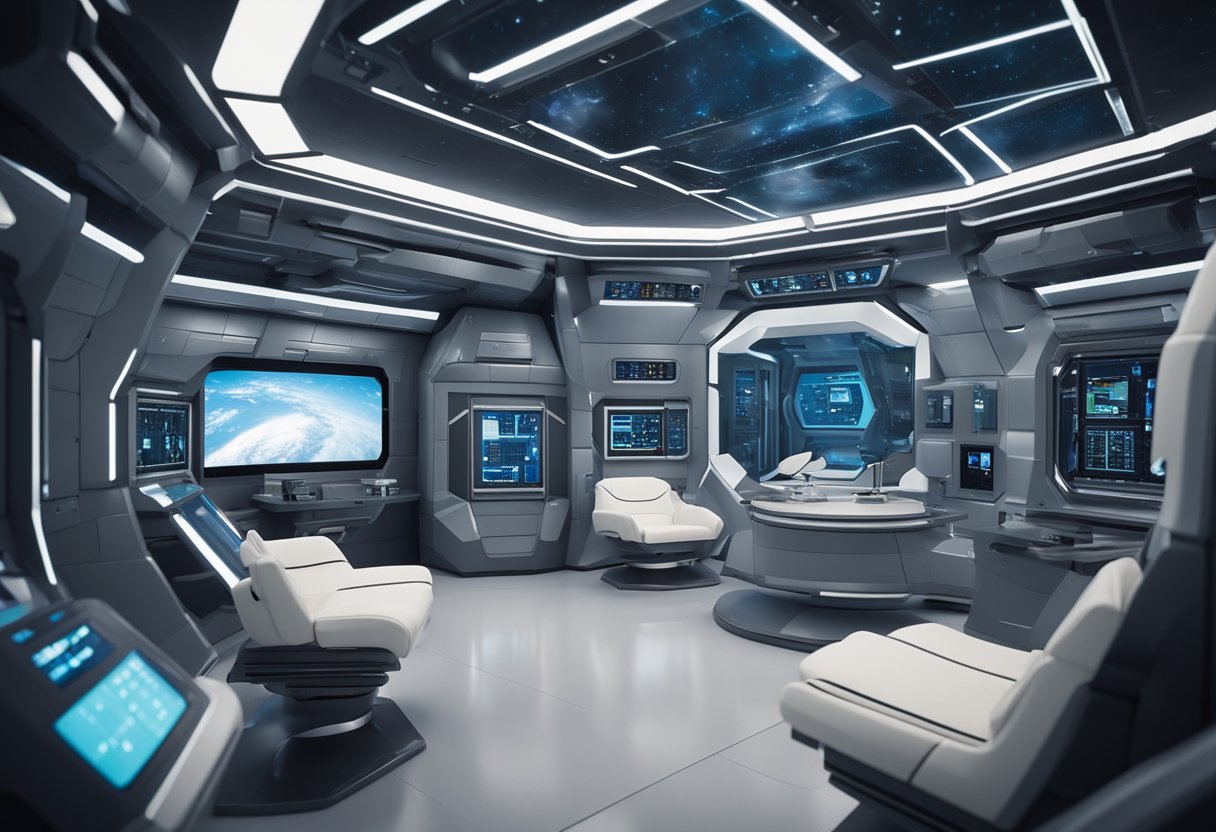 A futuristic space station with advanced psychological support systems for astronauts, featuring calming colors, comfortable seating, and interactive technology