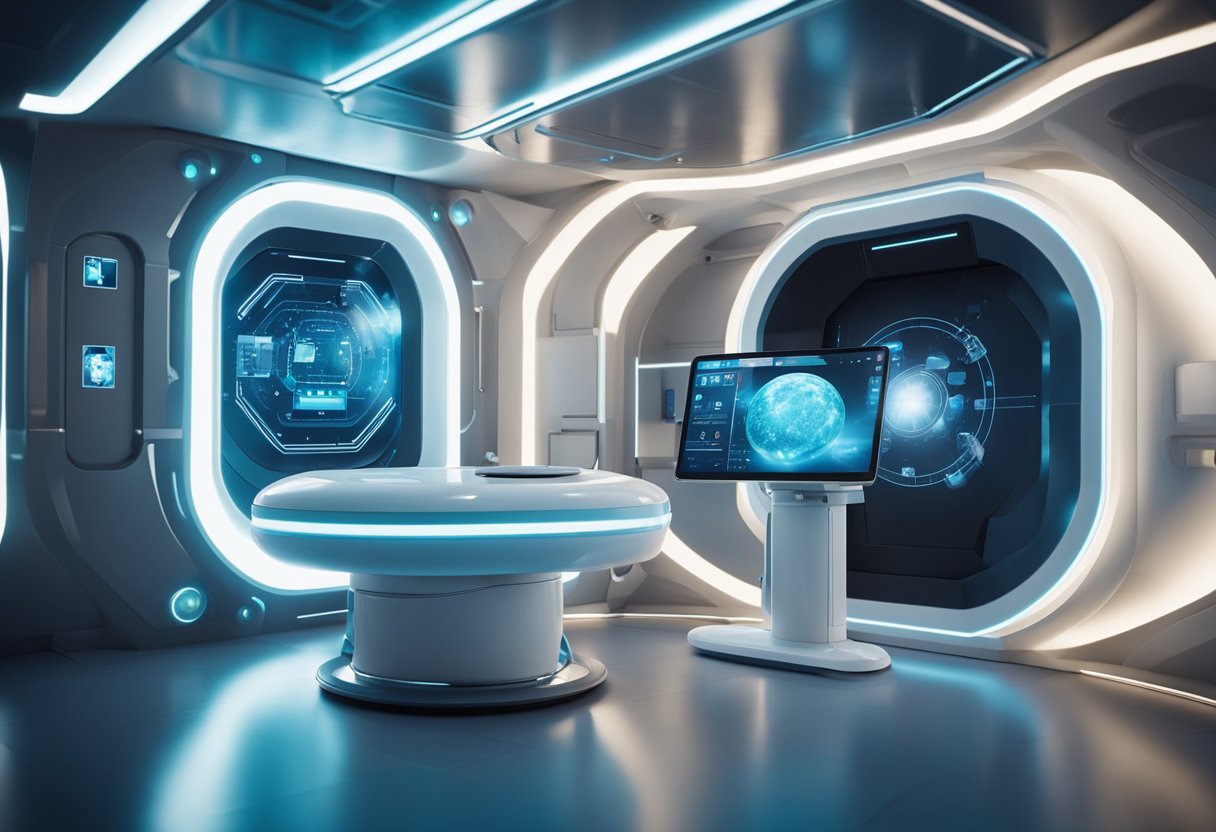 A futuristic space habitat with a medical pod and a holographic interface for remote healthcare consultations