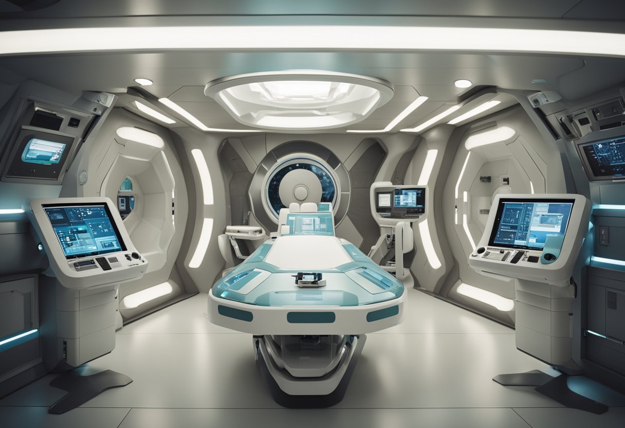 A futuristic space habitat with advanced medical equipment and technology for remote healthcare