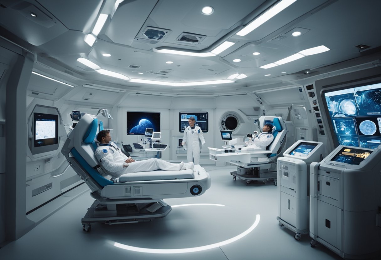 A space habitat with medical equipment and digital screens for remote healthcare. Astronauts interact with technology to receive medical assistance
