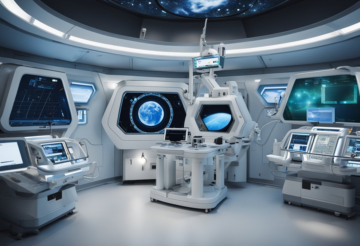 A space habitat with advanced medical equipment and digital interfaces for remote healthcare