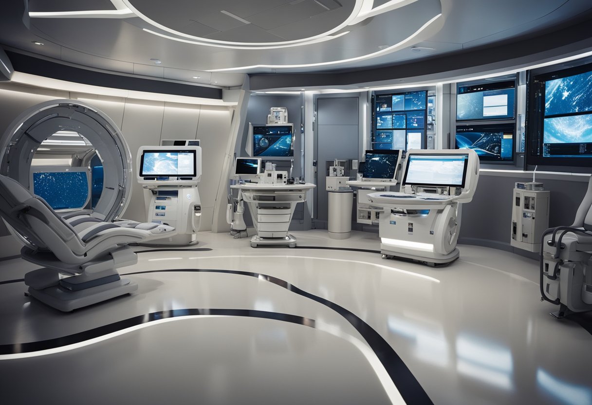 A space habitat with advanced medical equipment and remote healthcare solutions for Earth's healthcare