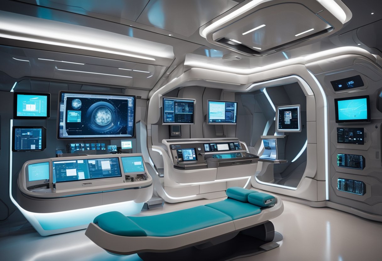 A futuristic space habitat with remote healthcare equipment and ethical guidelines displayed, shaping public perception