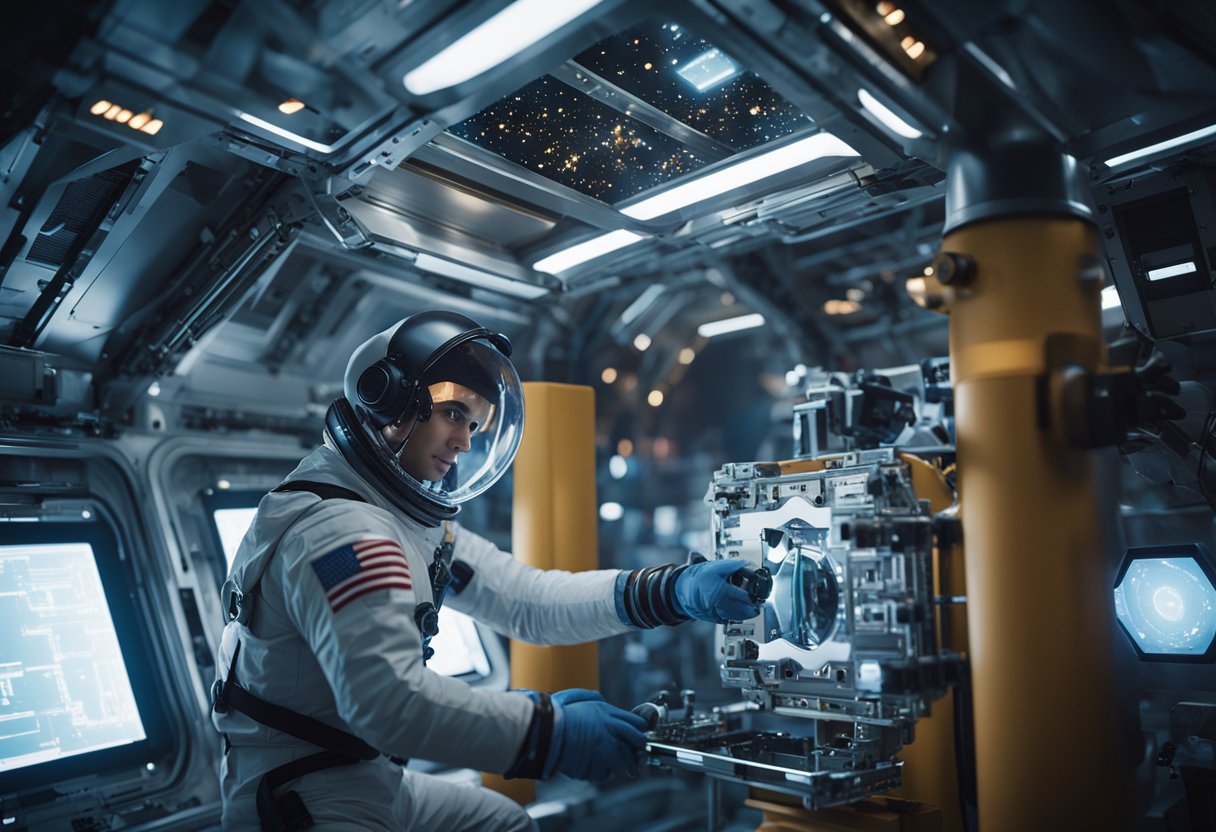 An astronaut adjusts a high-tech tool in a futuristic space station, surrounded by advanced equipment and adaptable technologies