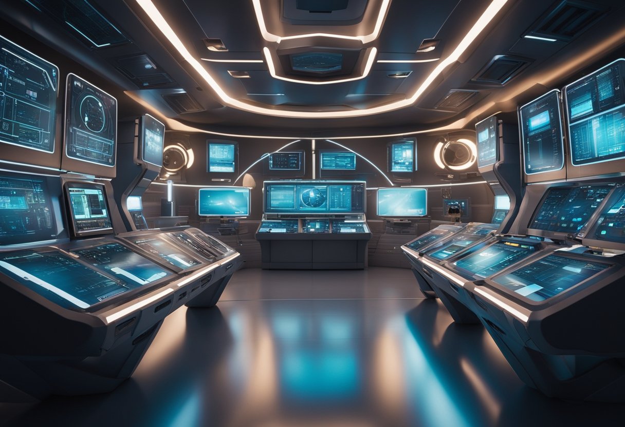 A futuristic space habitat with a central control panel, holographic screens, and medical equipment