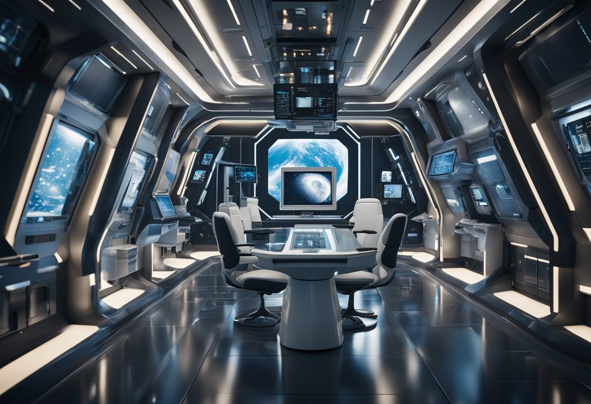 A futuristic space habitat with advanced healthcare technology and remote medical solutions for astronauts