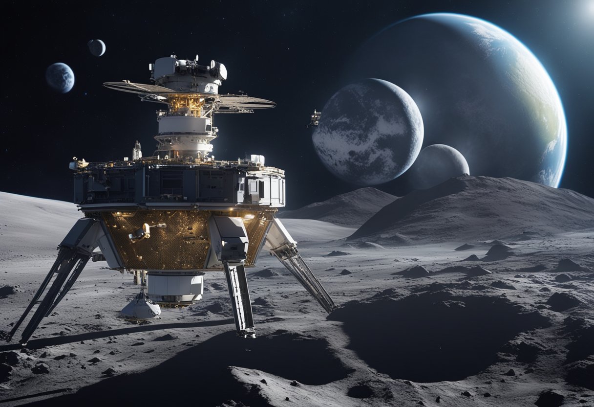 Spacecraft orbiting Earth, mining asteroids, and constructing space habitats. Cutting-edge technology and research facilities on the lunar surface