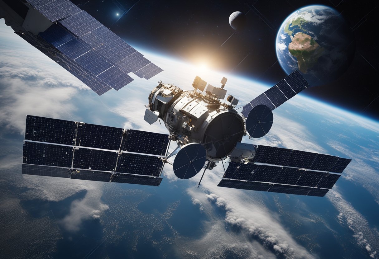 A spacecraft orbits Earth, collecting data on climate change and natural disasters. Satellites monitor weather patterns and land formations. The scene depicts the challenges and future directions in space exploration for Earth science advancements