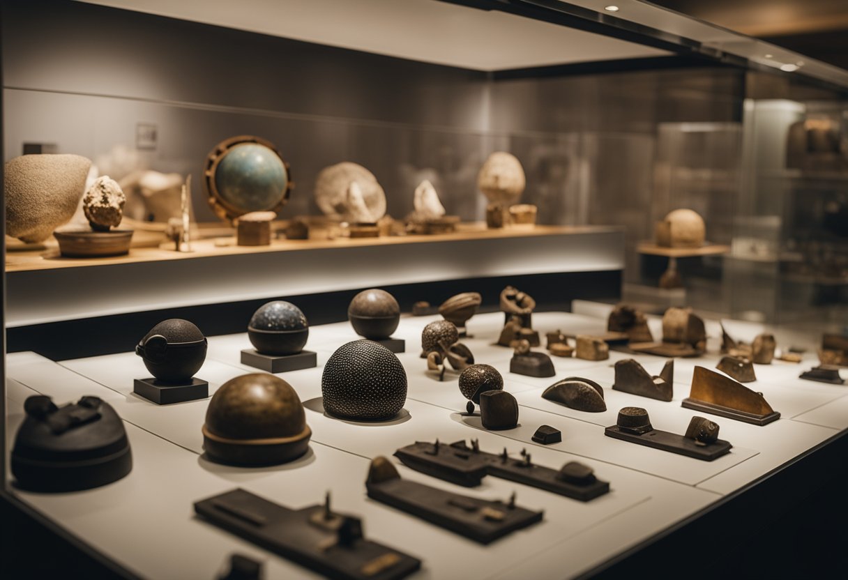 Space artifacts displayed in a museum exhibit, with tools and equipment used for archaeological study