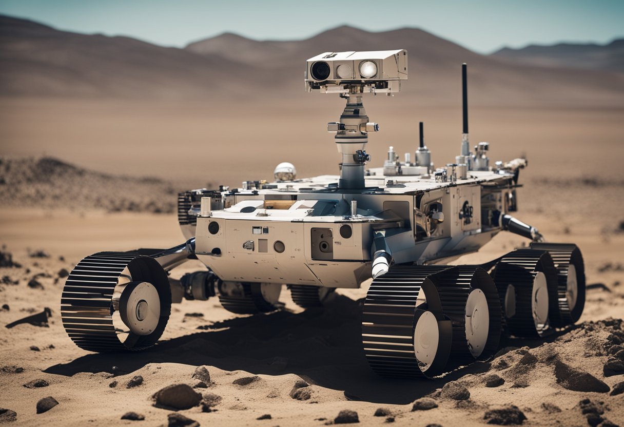 A space rover scans a barren landscape, uncovering remnants of human space missions. Structures and equipment lay abandoned, hinting at the future of human presence in space