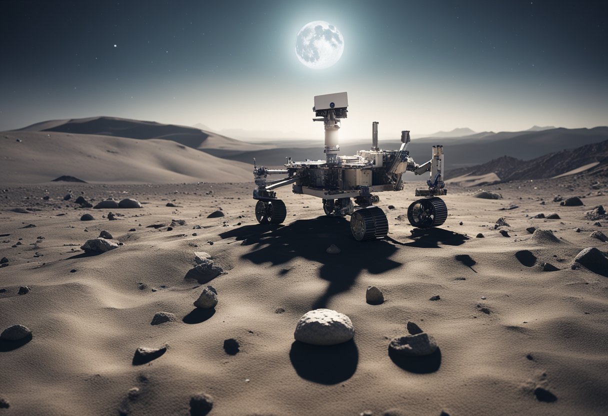 Various space debris and human-made artifacts scattered across a barren lunar landscape, with a robotic arm excavating and analyzing the remnants