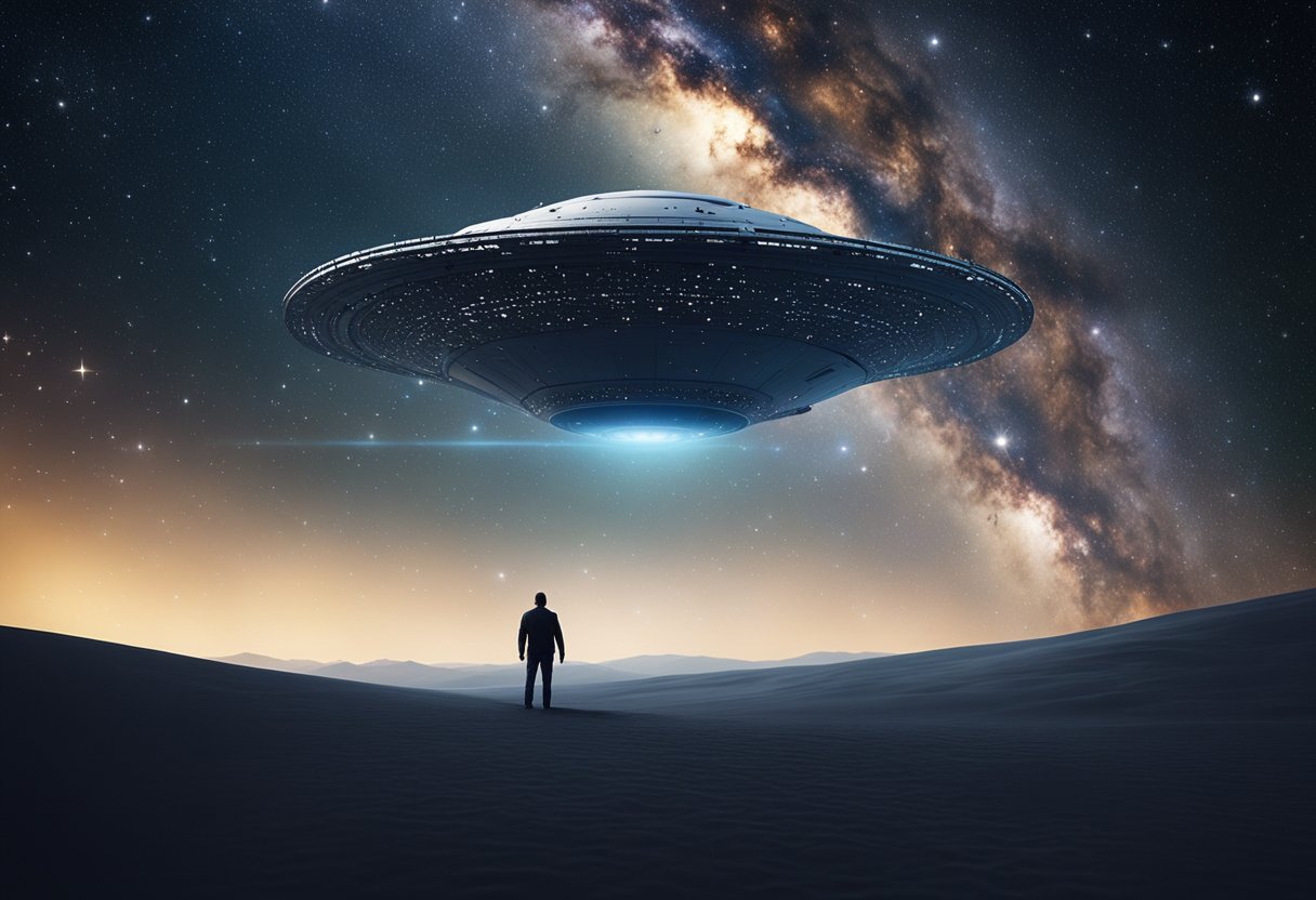 A lone spaceship drifts through the vast emptiness of space, surrounded by swirling galaxies and distant stars, prompting existential questions about the nature of the universe