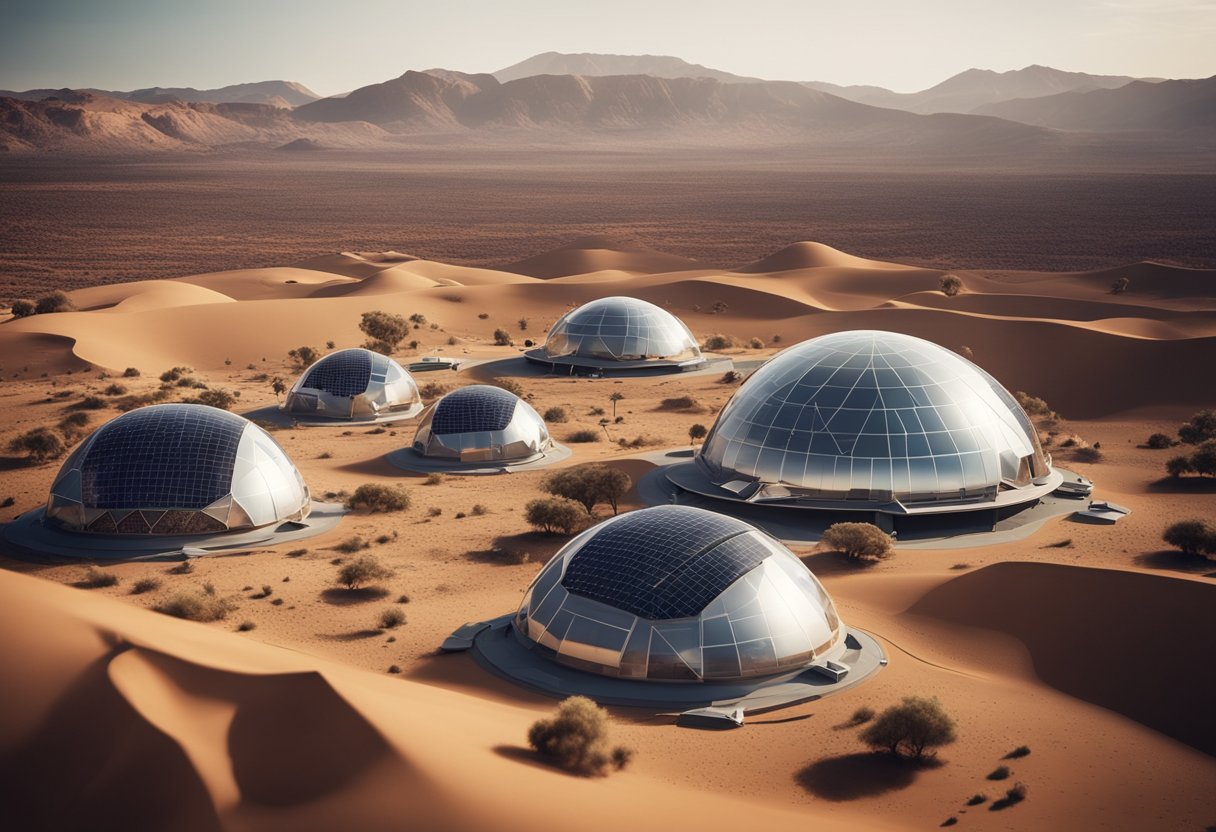 Futuristic domed structures nestled among sand dunes in a desert landscape, illuminated by soft daylight, serve as Martian habitats.