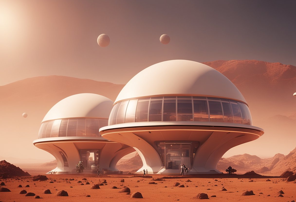 A group of futuristic domed structures on the surface of Mars, surrounded by red rocky terrain and a hazy orange sky
