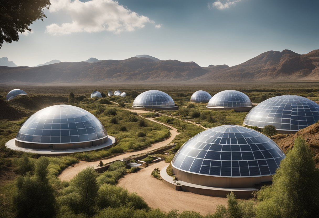 A series of domed structures connected by tunnels, surrounded by solar panels and greenhouses, with a backdrop of the Martian landscape
