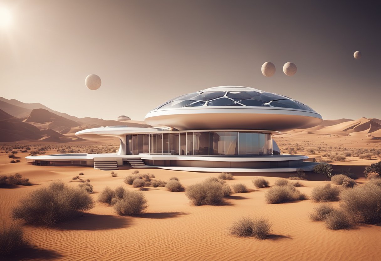 A futuristic Martian habitat with sleek, modular structures and advanced technology integrated into the landscape
