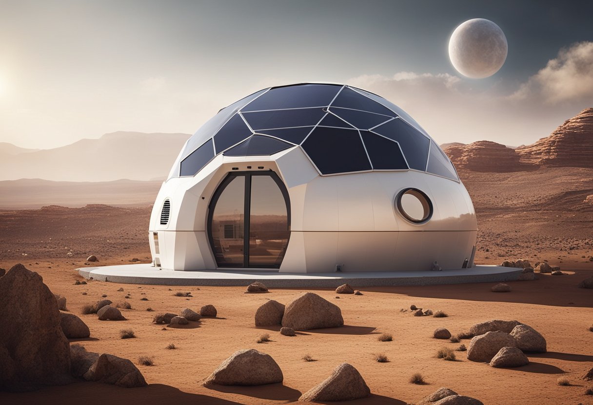 A dome-shaped habitat made of lightweight, durable materials with solar panels and airlocks, surrounded by rocky Martian terrain
