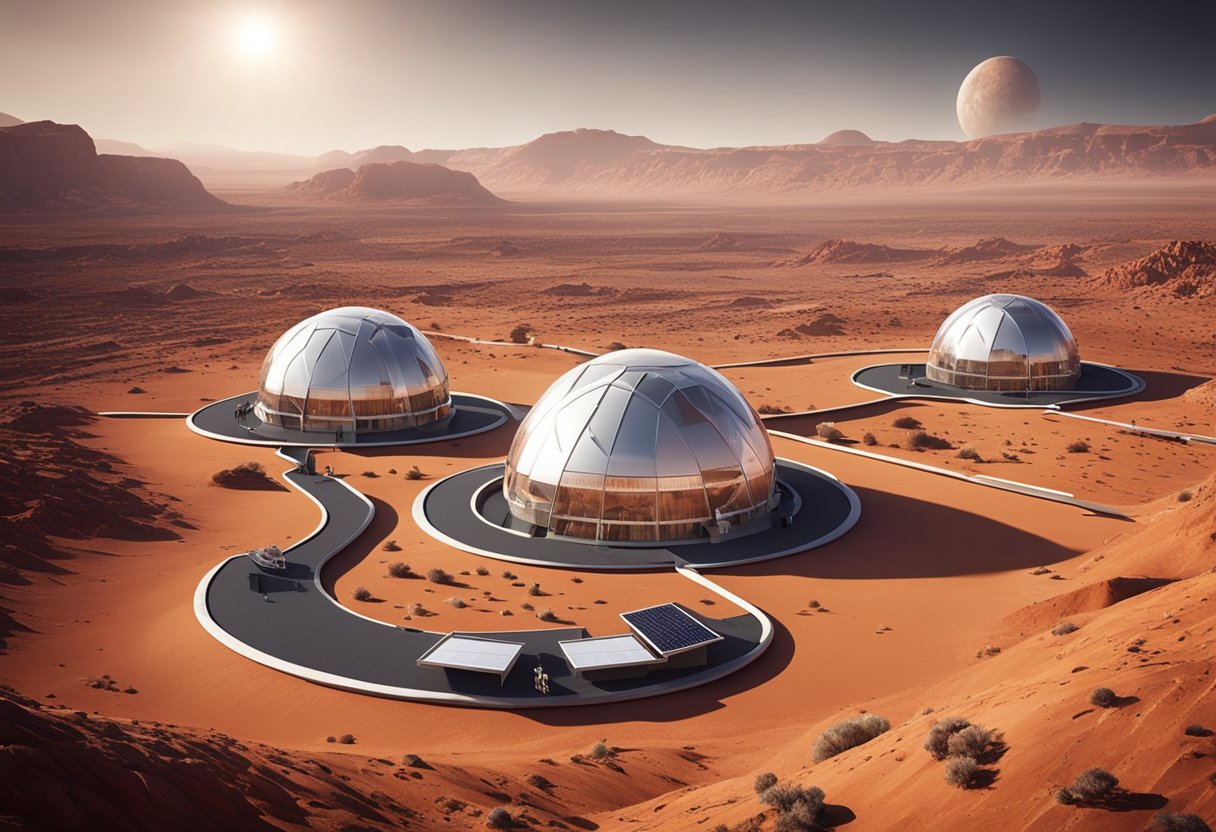Conceptual designs for Martian habitats, featuring domed structures, solar panels, and underground tunnels, surrounded by the red Martian landscape