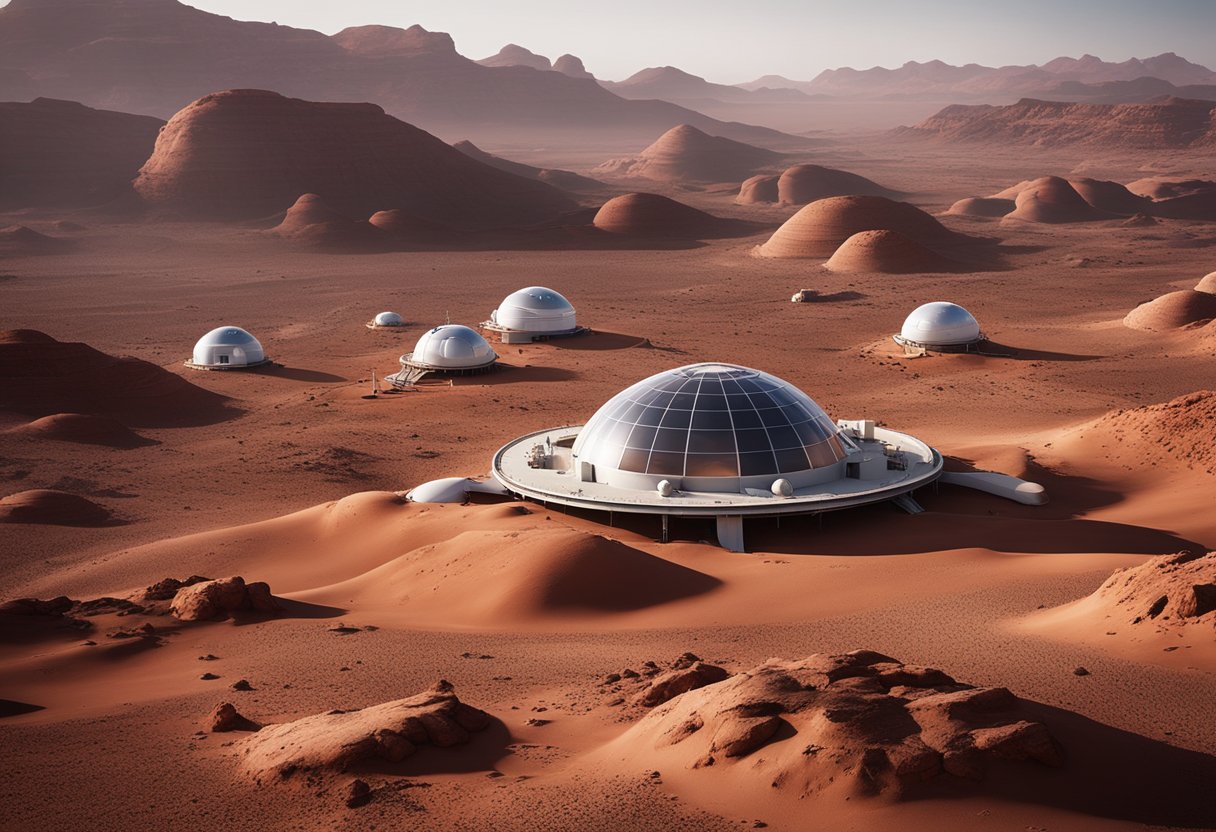 Conceptual designs for Martian habitats: domed structures, solar panels, and airlocks surrounded by red rocky terrain and a dusty sky