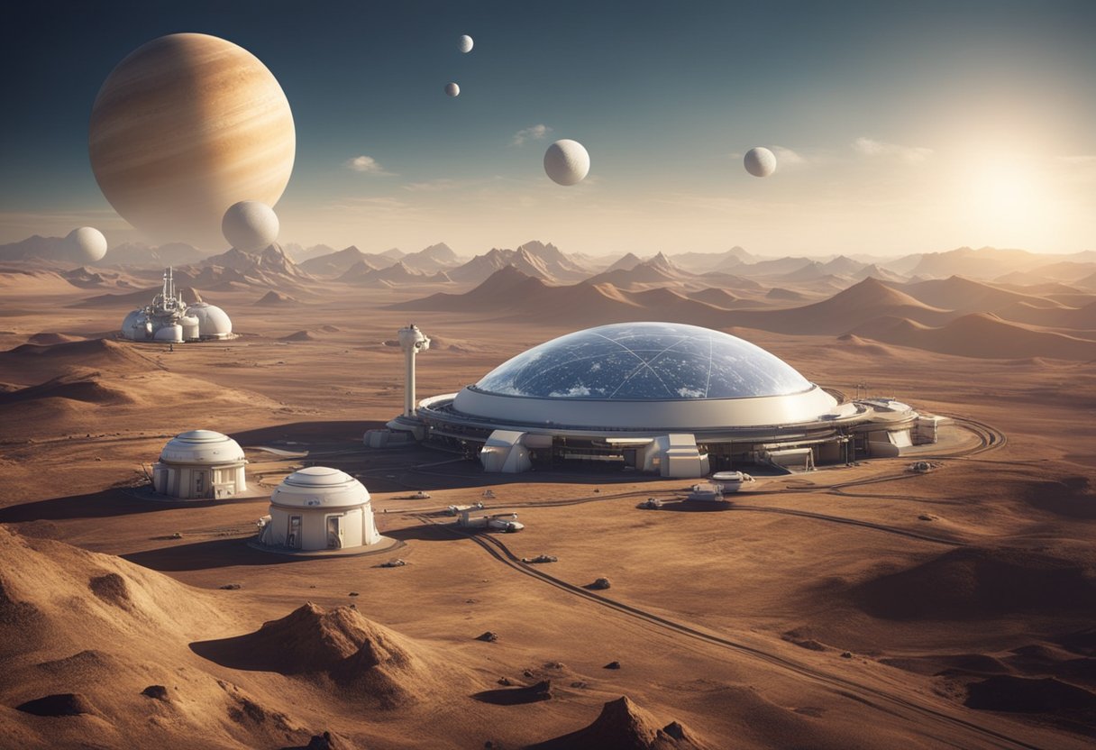 A Venus landscape with futuristic terraforming equipment and research stations, showcasing the ethical considerations and historical context