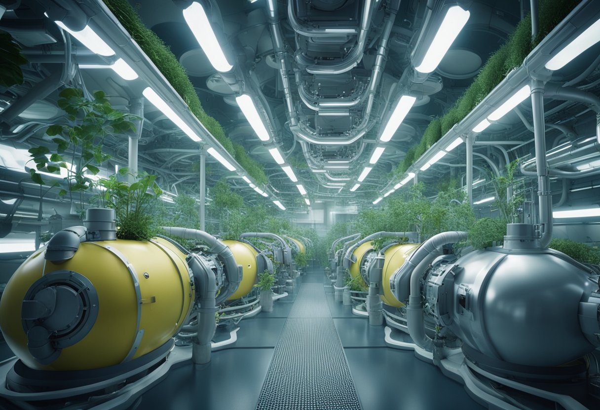 A complex network of interconnected tanks and pipes sustains plant life in a space colony, providing oxygen and food through bioregenerative life support systems