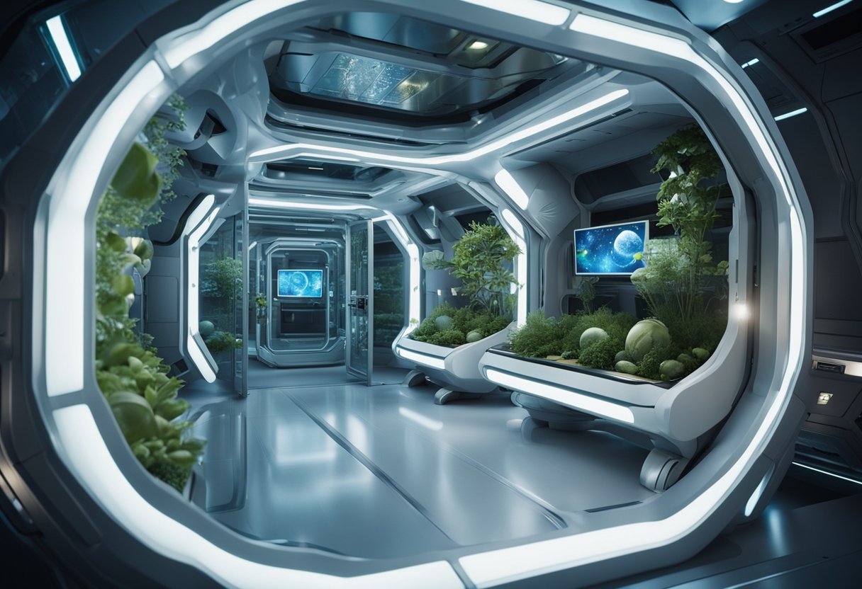 A space colony's life support systems sustain human health and promote sustainability. Oxygen, water, and food production are integrated into the futuristic environment