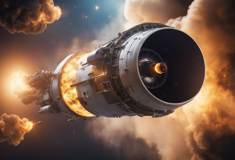 A detailed close-up of a spacecraft engine during ignition, showcasing future challenges in space propulsion physics, surrounded by clouds of smoke and an atmospheric glow.