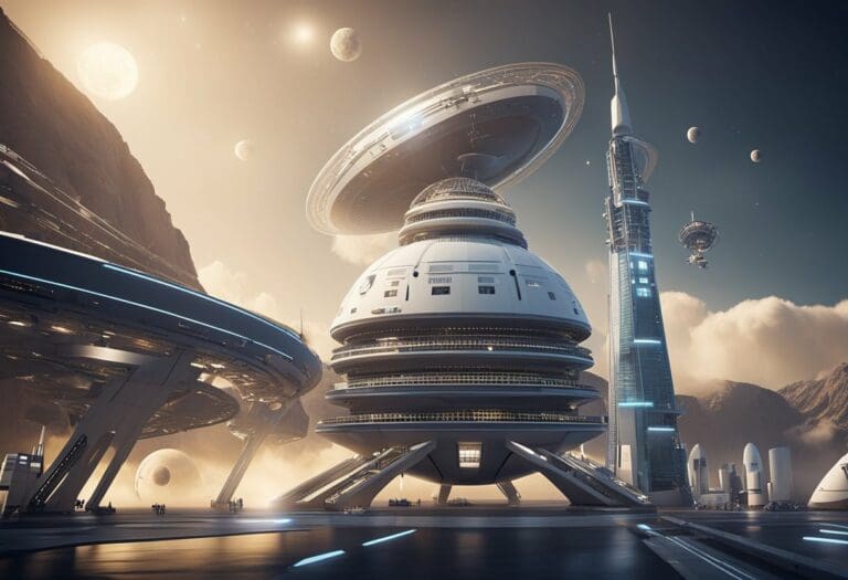 Futuristic city with advanced architecture featuring domed buildings, towering structures, and flying vehicles under a sky with multiple planets, designed to enhance space tourism.