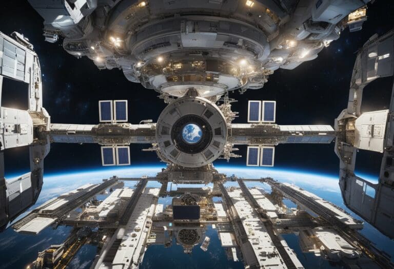 View of a space station orbiting Earth, with solar panels and modules visible, showcasing commercial benefits against the backdrop of space and the planet's surface.