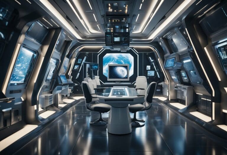 Futuristic spaceship command center with a central table, chairs, and multiple screens dedicated to astronaut well-being, surrounded by illuminated panels and starry space visible outside.