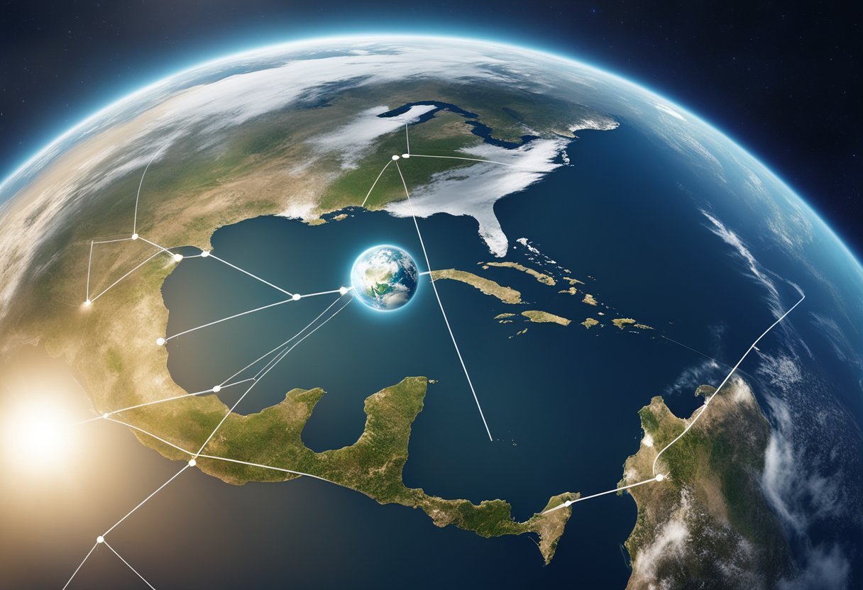 Illustration of earth highlighting global connectivity and environmental shifts with white lines and nodes across continents, viewed from space.