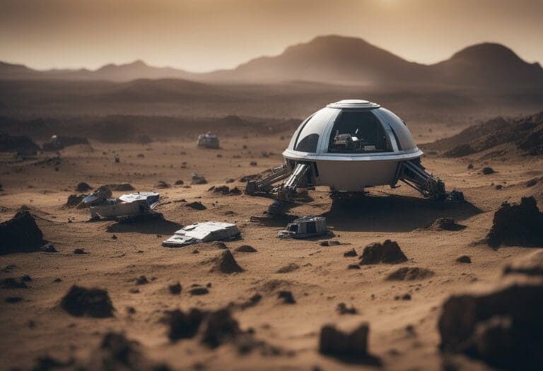 A futuristic habitat pod on a Mars-like landscape with scattered human space artifacts and rolling hills in the background under a hazy sky.