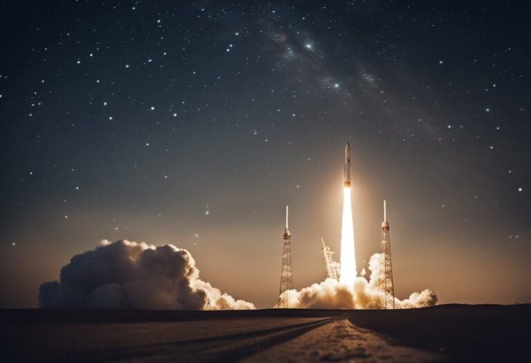 A rocket launches at night under a star-filled sky, leaving a trail of smoke and fire on the ground, symbolizing humanity's journey into the ethical frontier of space travel.