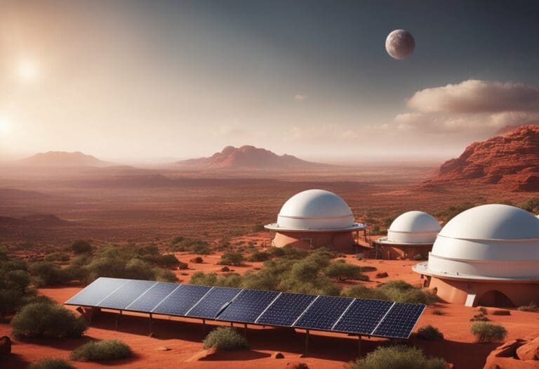 A desert landscape with solar panels and Martian habitats under a sky featuring an oversized moon.