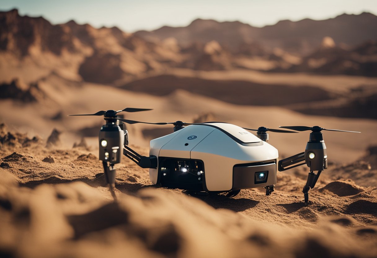 A white drone with four rotors sits on a sandy desert landscape during golden hour, its front lights illuminated, perhaps symbolizing the balancing progress of technology in challenging environments.