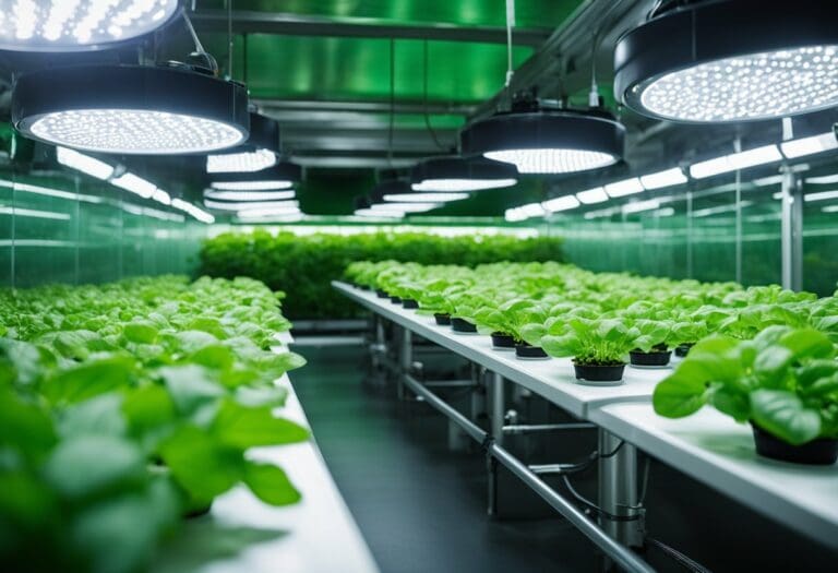 Rows of leafy green lettuce growing under LED lights in a modern indoor hydroponic farm, designed as part of life support systems for extraterrestrial habitats.