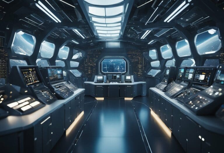 Interior of a futuristic spaceship command center, designed for governance beyond Earth, with multiple glowing control panels and a central holographic display.