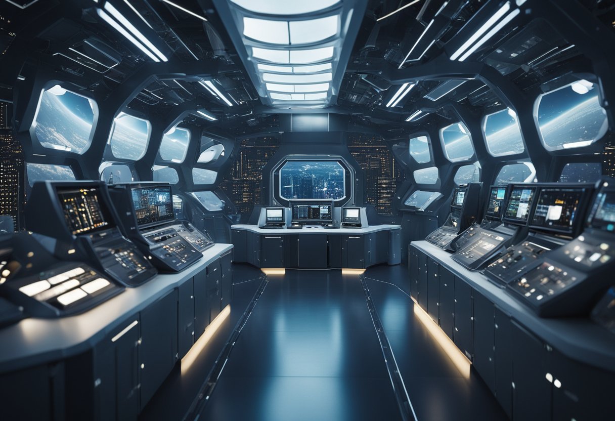 Interior of a futuristic spaceship command center, designed for governance beyond Earth, with multiple glowing control panels and a central holographic display.