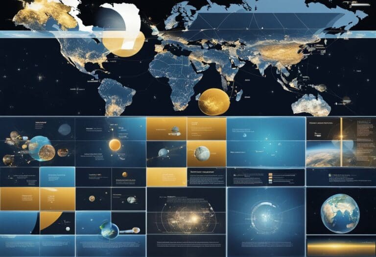 A detailed infographic showing a world map with overlays of various astronomical concepts and planet data, including orbital safety and space debris tracking. The design includes graphs, diagrams, and educational panels in a dark and gold