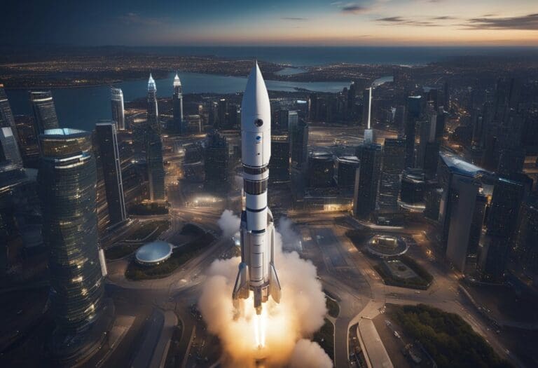 A rocket launches from a cityscape at dusk, surrounded by towering skyscrapers with lights reflecting off glass facades, symbolizing the collaboration of public-private partnerships in space exploration.