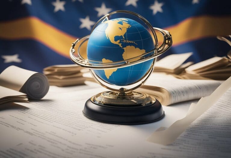 A globe with a gold stand on a desk, surrounded by books and documents related to international law, against a backdrop of the American and Venezuelan flags.