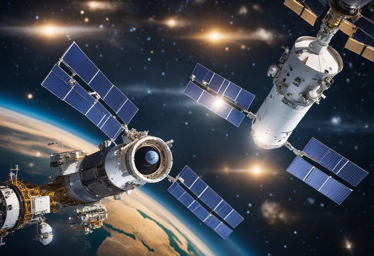 Space station orbiting Earth, featuring detailed modules and solar panels, with a backdrop of stars and Earth's atmosphere, highlighting growth opportunities in the space economy.