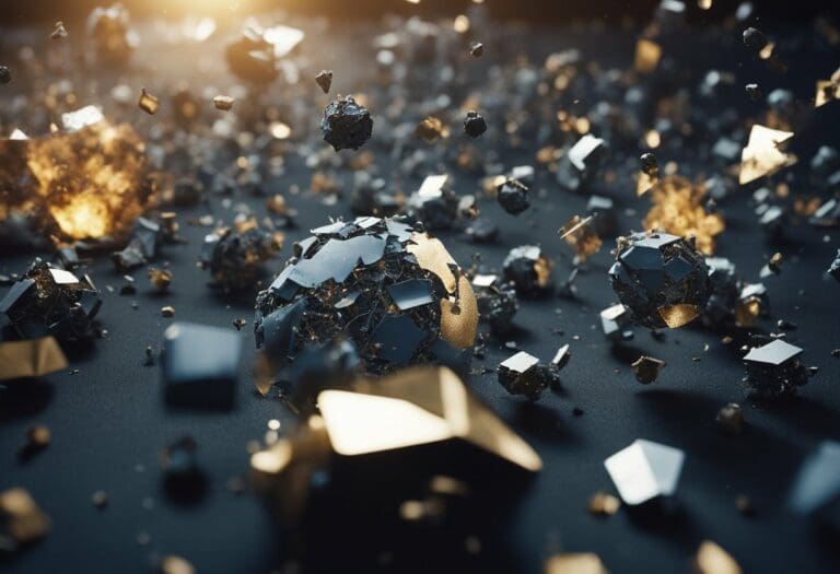 Exploding geometric shapes with gold and black fragments scattered against a dark backdrop, conveying dynamic motion and the growth rate of orbital debris.