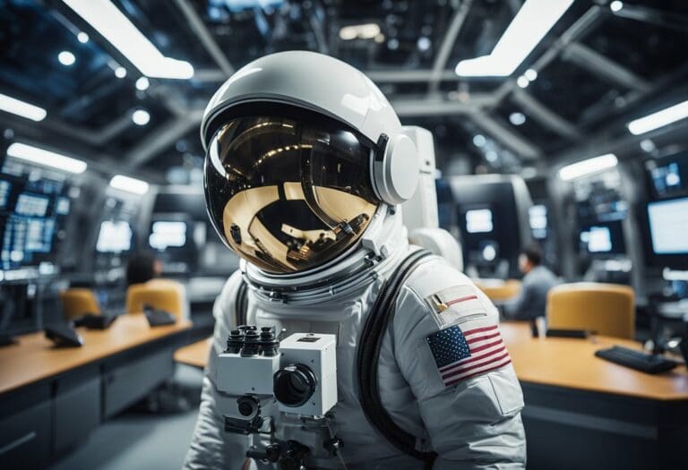 An astronaut in a white space suit with a reflective helmet visor stands in a high-tech control room, focused on space exploration, with personnel working in the background.