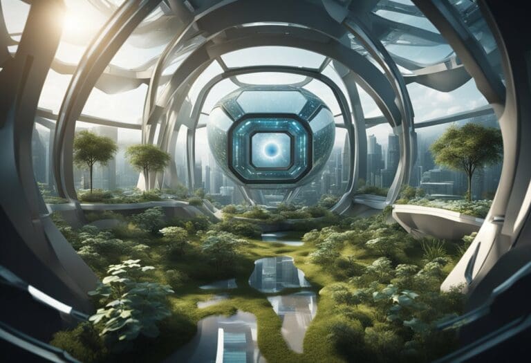 Futuristic indoor garden and cityscape viewed through an advanced, circular architectural structure with a luminous hexagonal portal designed for space habitats.